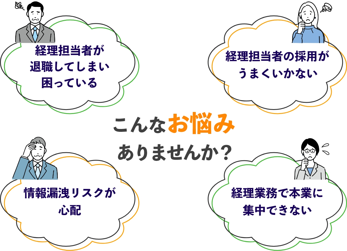 こんなお悩みありませんか？　経理担当者が退職してしまい困っている。経理担当さやの採用がうまくいかない。情報漏洩リスクが心配。経理業務で本業に集中できない。